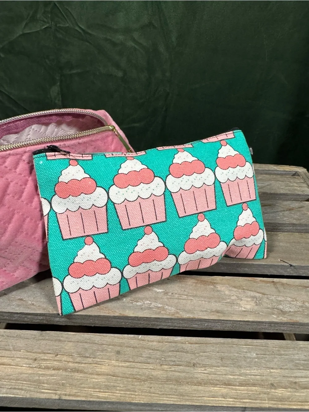 Cupcake Print Turquoise Pink Canvas Zip Pouch and Pink Velvet Zip Pouch Pair